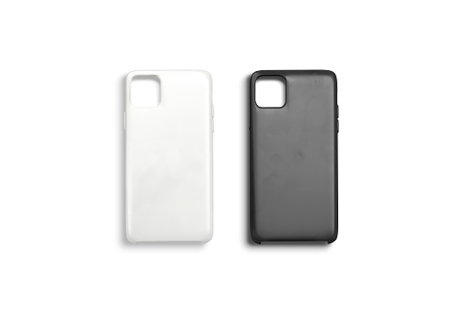 Blank black and white phone case mockup set, top view, 3d rendering. Empty matte jacket for apple gadget mock up isolated. Clear silikon accessories for protective mokcup template.