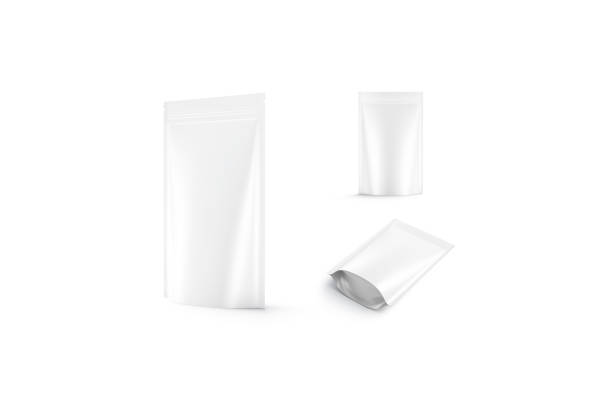 Blank blank plastic pouch mock up, different views Blank blank plastic pouch mock up, different views, 3d rendering. Empty chips or feed zip-pak mokup isolated. Clear storage envelope with zipper for logotype mokcup template. animal pouch stock pictures, royalty-free photos & images