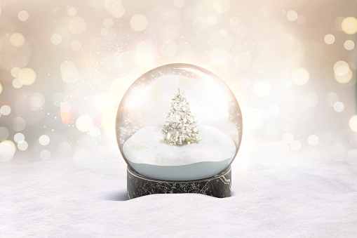 Blank glass snow globe with snowfall and christmas tree mockup, 3d rendering. Empty glare magic round in snowy mock up. Clear transparent fairy dome with dornment pime mokcup template.