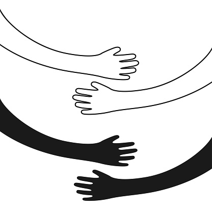 Hugging hands. Arm embrace, belief togetherness unique relationship hugged hands vector isolated concept