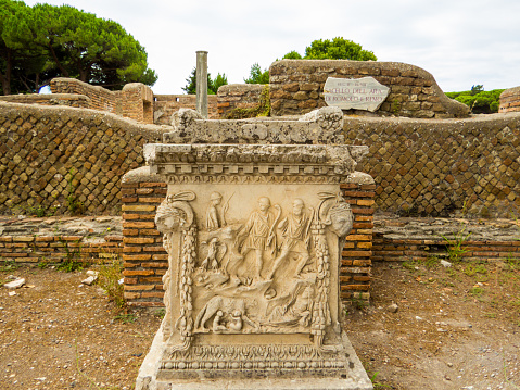 Ancient Roman Sarcophagus, Archaeological Site of Ostia Antica in Rome, Italy
