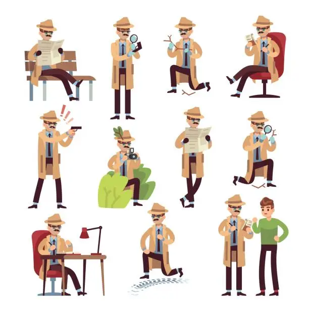 Vector illustration of Detective characters. cartoon police secret agent and private search, surveillance hiding work isolated vector set