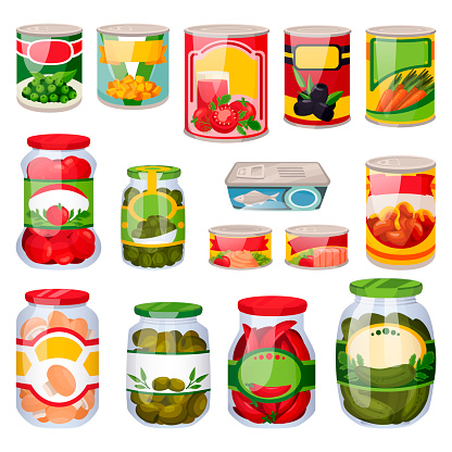 Canned food set isolated on white background. Food in tins, cartoon icons and design elements. Grocery supermarket collection. Vector illustrations.