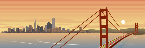 ilustraciones, imágenes clip art, dibujos animados e iconos de stock de bandera paisajística de san francisco y golden gate bridge - golden gate bridge panoramic san francisco county bridge