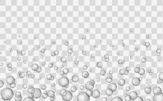 Air bubbles on transparent background. Underwater air bubbles, fizzy water or soap foam texture. Effervescent drink.  Isolated. Vector illustration