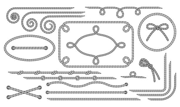 밧줄. 다양 한 장식 로프 요소의 집합입니다. 격리된 검은색 윤곽선 - rope circle lasso twisted stock illustrations