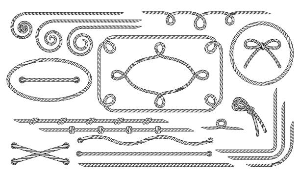 Rope. Set of various decorative rope elements. Isolated black outline Rope. Set of various decorative rope elements. Frames, laces, knots and decorations. Nautical rope, shoe lacing, decorative binding of paper and fabric. Isolated black outline. Vector illustration picture frame illustrations stock illustrations