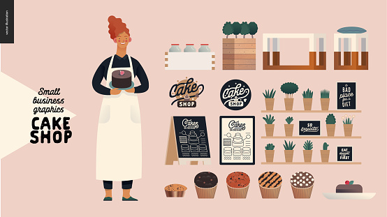 Cake shop, cakes on demand - small business graphics - owner and shop elements -modern flat vector concept illustrations - baker with a range of cupcakes and branded shop elements