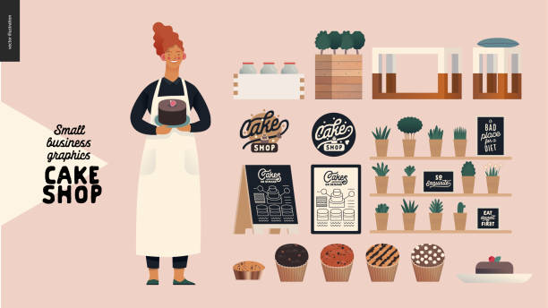 Cake shop - small business graphics - owner and shop elements Cake shop, cakes on demand - small business graphics - owner and shop elements -modern flat vector concept illustrations - baker with a range of cupcakes and branded shop elements small business owner stock illustrations
