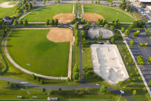 Aerial view of a suburban baseball/softball sports complex Aerial view of a suburban baseball/softball sports complex with batting cages and a skate park. baseball cage stock pictures, royalty-free photos & images