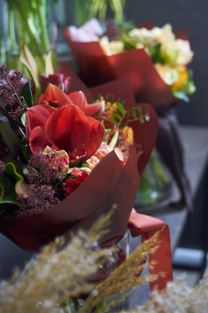 istock Close-up flower shop window with exotic flowers, selective focus 1191556617