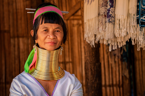 Chiang Rai Province, Thailand, portrait of Karen Long Neck woman at hill tribe village near Chiang Rai.