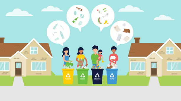 segregate waste, people on the street sorting garbage Waste sorting vector illustration with people on the street segregate the garbage in bins. Zero waste life style. utilize stock illustrations