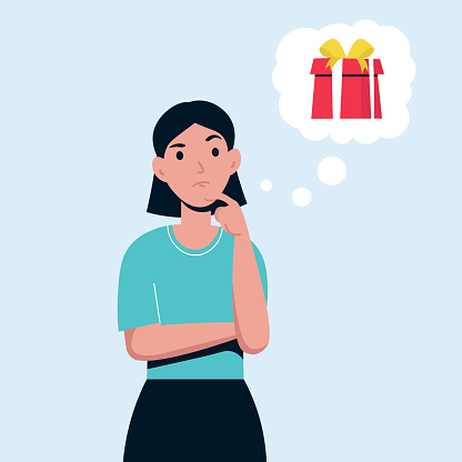 Woman wants to give a good gift. Girl thinks about a present to give her friend. Flat vector isolated character.