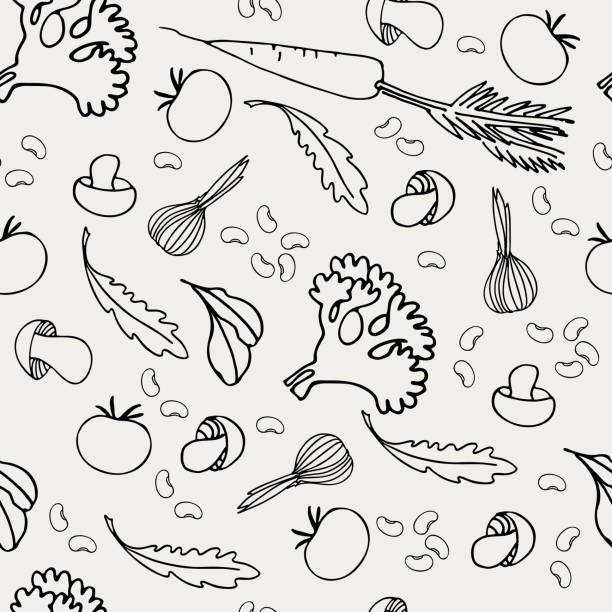 ilustrações de stock, clip art, desenhos animados e ícones de seamless pattern with vegetables, mushrooms, beans for coloring books, surface design. healthy foods theme - cauliflower white backgrounds isolated