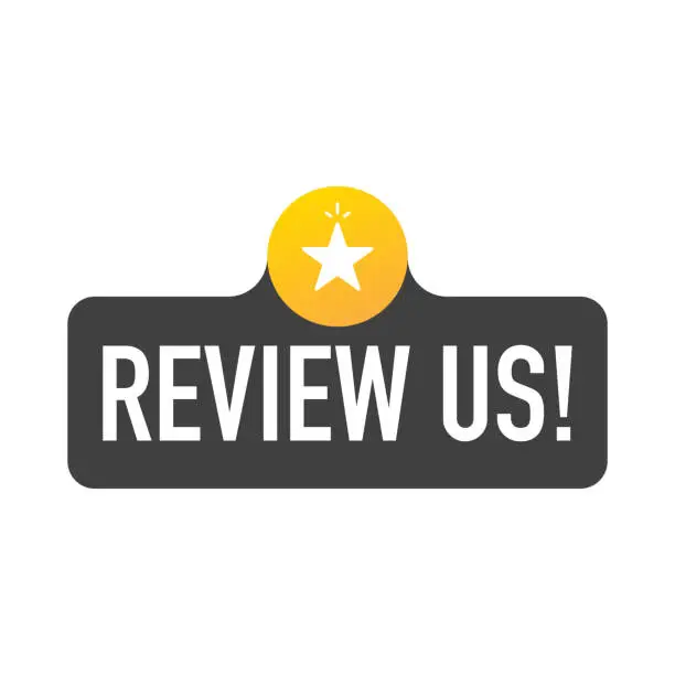 Vector illustration of Review us sign, label. Review us tag sign.