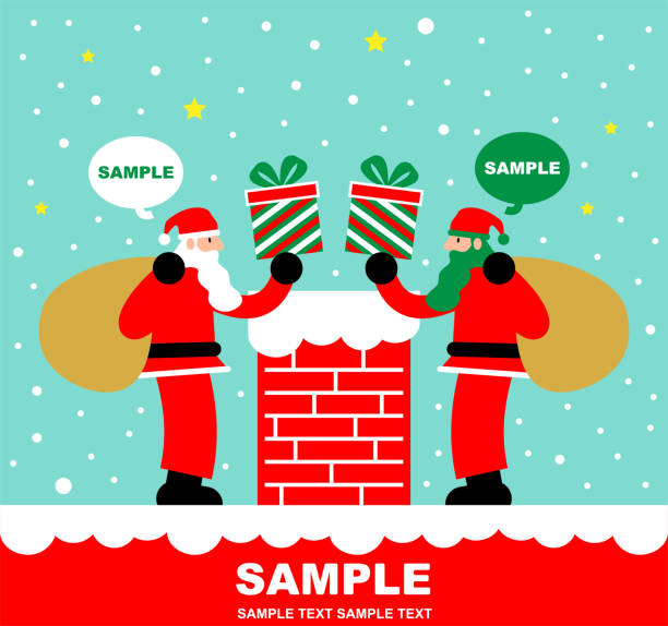 ilustrações de stock, clip art, desenhos animados e ícones de merry christmas and new year greeting card, two santa claus holding a christmas present standing on the roof with chimney - christmas present senior men surprise gift box