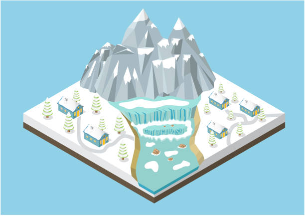 ilustraciones, imágenes clip art, dibujos animados e iconos de stock de isométrico invierno montañas de fondo - ski resort austria village winter