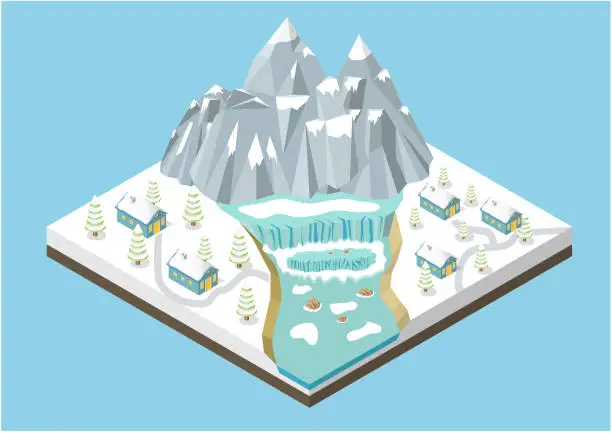 Vector illustration of isometric winter mountains background
