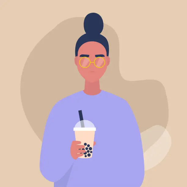 Vector illustration of A portrait of a young female character holding a take away cup of bubble milk tea, lifestyle and food