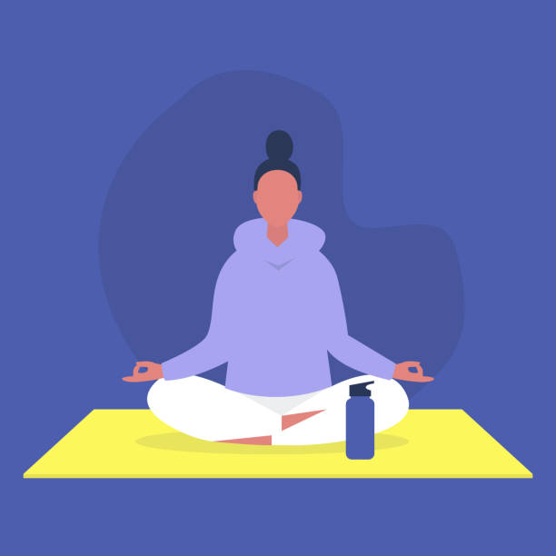 ilustraciones, imágenes clip art, dibujos animados e iconos de stock de personaje femenino joven sentado en una posición de loto, relajación y meditación, estudio de yoga - centro de bienestar ilustraciones