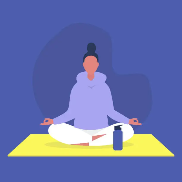 Vector illustration of Young female character sitting in a lotus position, relaxation and meditation, yoga studio