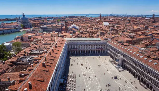The view from the top of Campanile di San Marco in Piazza San Marco, Venice.St Mark's Campanile is the bell tower of St Mark's Basilica in Venice.