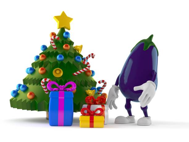 istock Eggplant character with christmas tree and gifts 1191589528