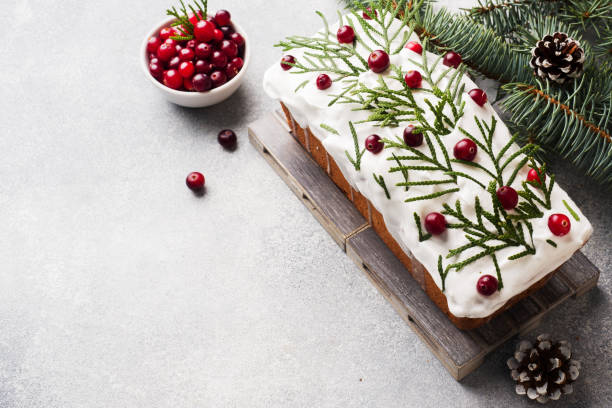 istock Traditional Christmas cake with cranberries on gray table background. Horizontal. Copy space. 1191592020