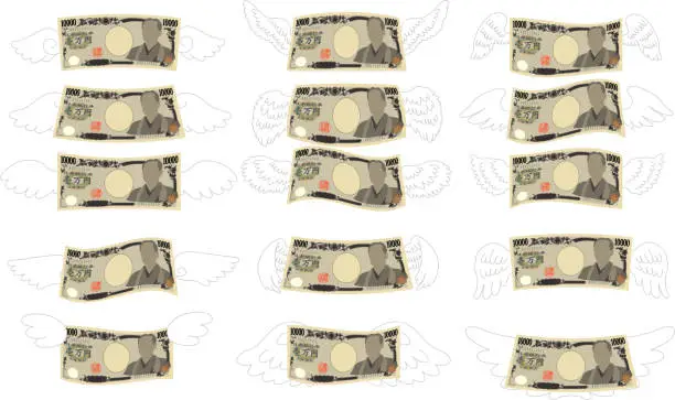 Vector illustration of Feathered Deformed Japans 10000 yen note set