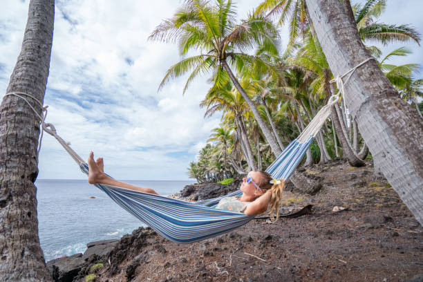 istock Girl relaxing on hammock hanging on palms by the beach 1191595534
