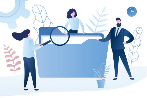Business people searching through files. Humans with folder and female clerk use magnifying glass Business people searching through files. Humans with folder and female clerk use magnifying glass. Funny characters in trendy style. Vector illustration briefcase illustrations stock illustrations