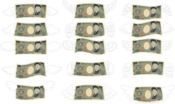 Vector illustration of Feathered Deformed Japans 1000 yen note set