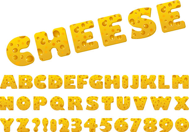 illustrazioni stock, clip art, cartoni animati e icone di tendenza di set di carattere e alfabeto della fetta di formaggio vettoriale. - alphabet cheese parmesan cheese inspiration