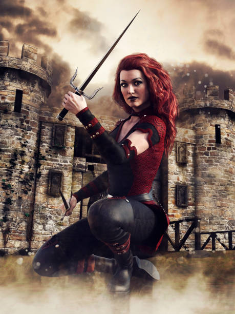 istock Woman with a sword in front of a castle 1191597014