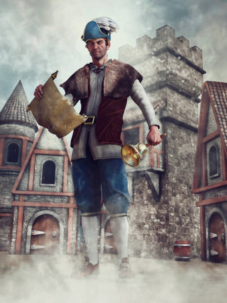 Fantasy town crier with a scroll and bell Fantasy town crier with a scroll and bell standing in the center of a medieval village. 3D render. town criers stock pictures, royalty-free photos & images