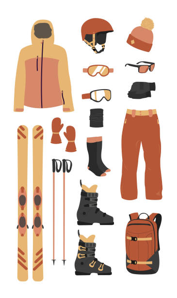 illustrations, cliparts, dessins animés et icônes de illustration de vecteur de vêtements de kit d'équipement de ski sur le fond transparent. sport d'hiver extrême. ensemble skis et bâtons de ski - ski pants