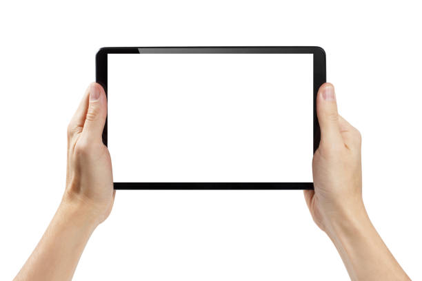 manos sosteniendo tableta negra sobre blanco - tableta digital fotografías e imágenes de stock