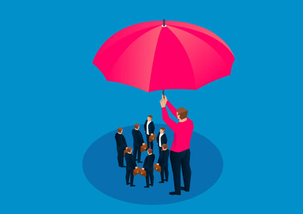 ilustraciones, imágenes clip art, dibujos animados e iconos de stock de gigante sosteniendo un gran paraguas para proteger a un grupo de pequeños empresarios - safety business umbrella parasol