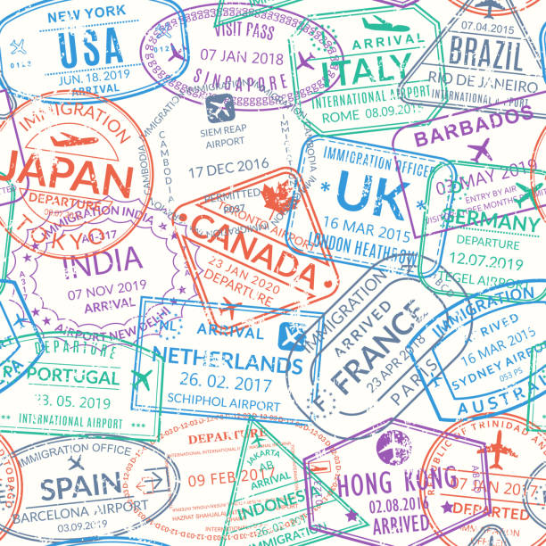 Passport stamp seamless pattern or background. International visa, airport grunge signs. Immigration, arrival and departure symbols with different cities and countries. Vector illustration. Passport stamp seamless pattern or background. International visa, airport grunge signs. Immigration, arrival and departure symbols with different cities and countries. Vector illustration. passport stamp stock illustrations