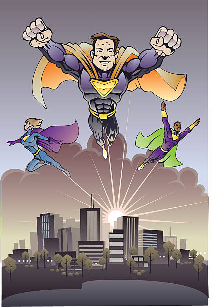 illustrazioni stock, clip art, cartoni animati e icone di tendenza di supereroi della città - superhero human muscle men city