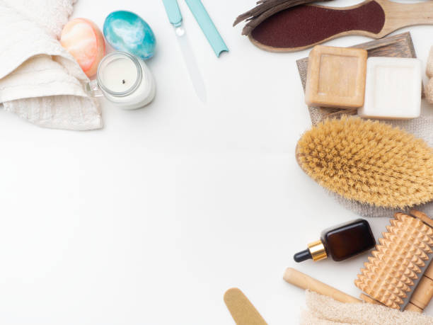 istock Zero waste concept. Eco-friendly bath set. Brushes, soap, serum, towel, stones, massage tools, nailfile 1191610144