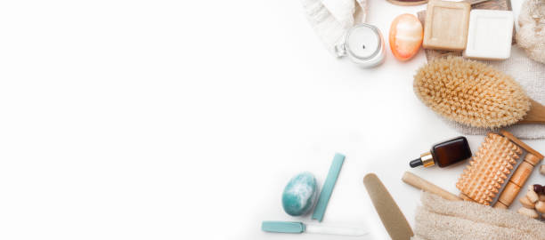 istock Zero waste concept. Eco-friendly bath set. Brushes, soap, serum, towel, stones, massage tools, nailfile 1191610179