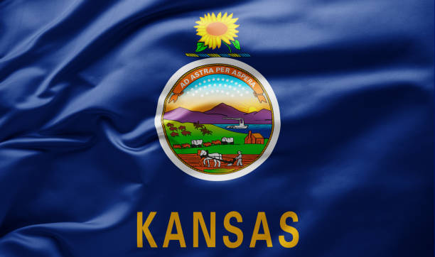 размахивая государственным флагом канзаса - соединенные штаты ам�ерики - kansas стоковые фото и изображения
