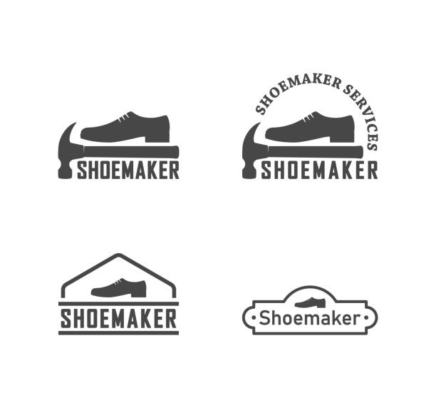 Vector illustration of shoes, hammer and text on a white background. Professional shoemaker services. Set of black and white logos of a shoemaker. shoemaker stock illustrations