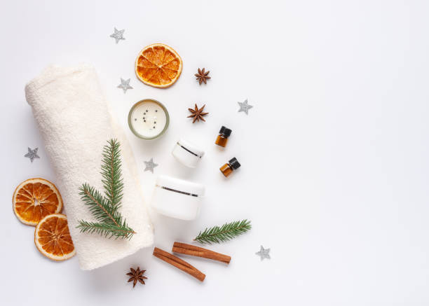 Christmas beauty composition. Flat lay