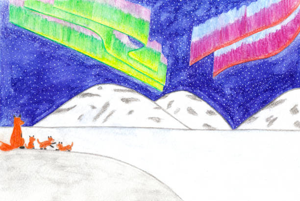 Hand drawn pencil illustration of northern wild life Hand drawn pencil illustration of northern wild life. Family of foxes looking at the beautiful colorful northern lights on the starry night sky. Mother vixen and her three little cubs playing together. Snowy hills far away. plateau drawing stock illustrations