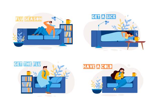 ilustrações de stock, clip art, desenhos animados e ícones de sick people characters with flu at home flat set - doença ilustrações