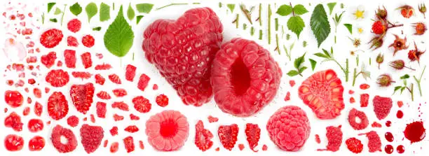 Large collection of raspberry fruit pieces, slices and leaves isolated on white background. Top view. Seamless abstract pattern.