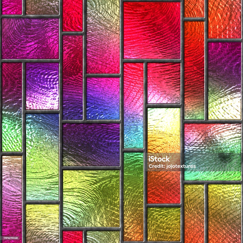 Stained glass seamless texture with rectangle pattern for window, colored glass,  3d illustration 3D render, motif pattern Stained Glass Stock Photo